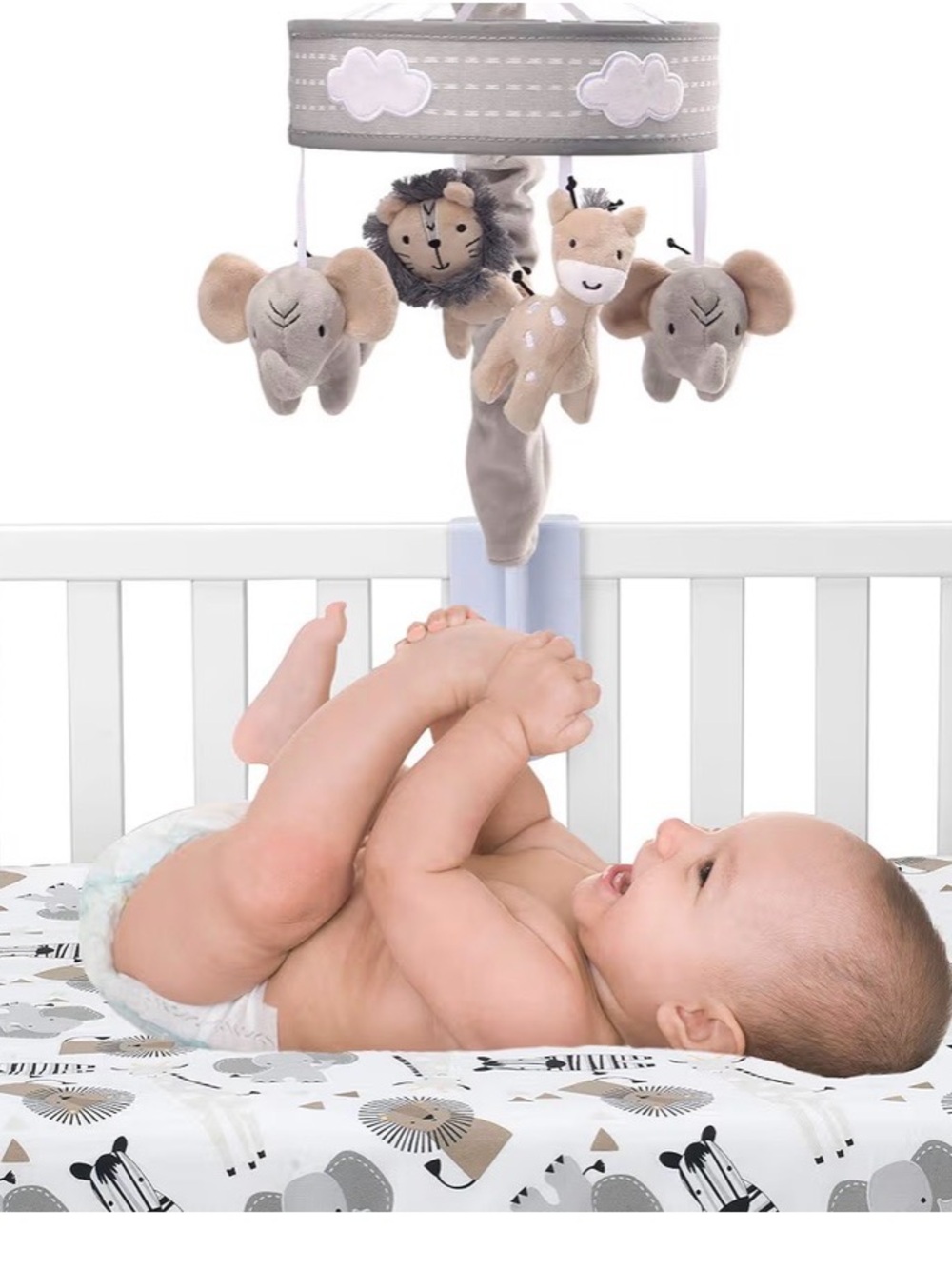Gray Safari Plush Crib Mobile - Soft Animal Hanging Toy Lambs & Ivy